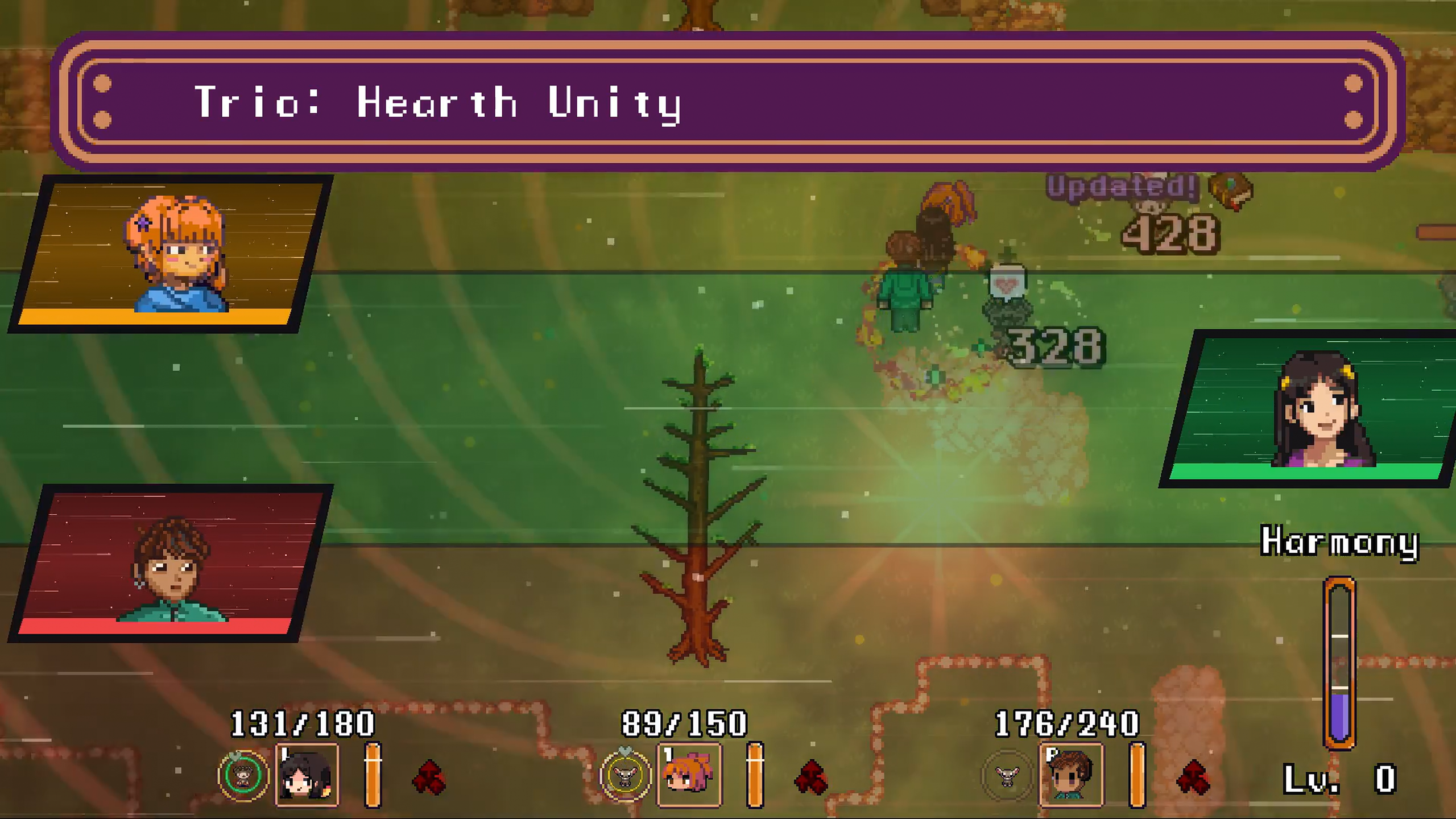 The three travelers use the trio harmony move Hearth Unity together, their portraits across the screen