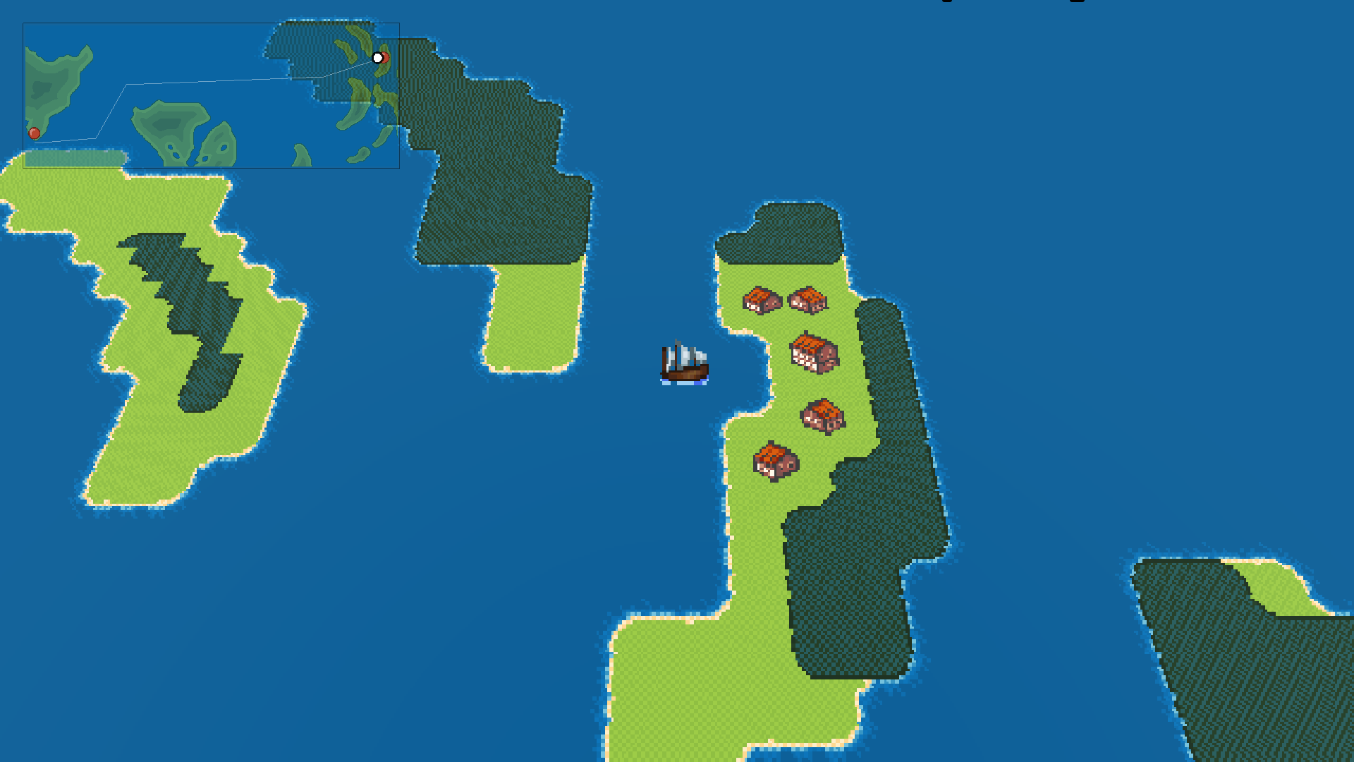 A ship sails between islands on the world map, past a town, with the route drawn on the small map in the corner