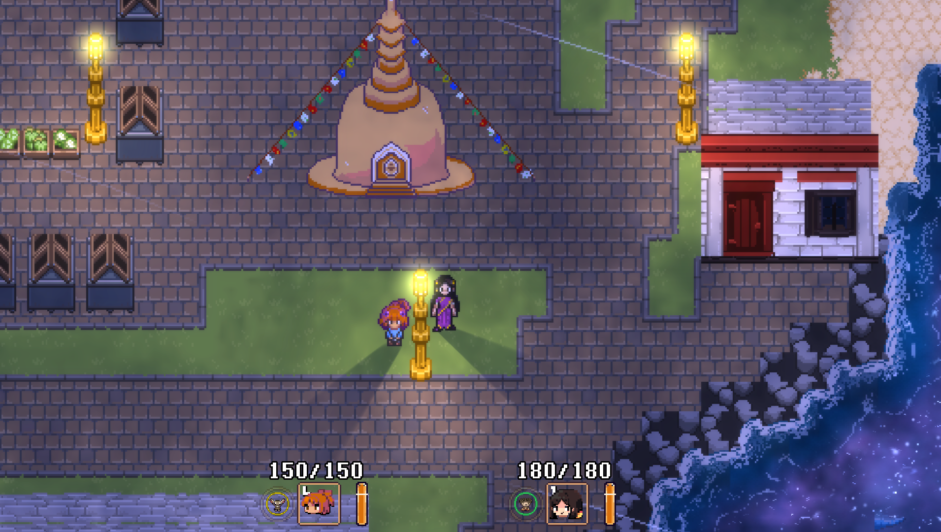 Two travelers by a lit lamp in a stone courtyard below a stupah hung with prayer flags, on a cliff over a starry sea
