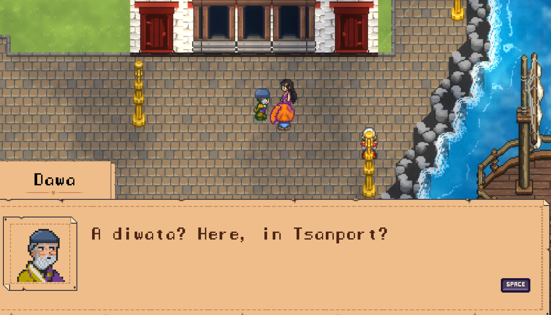 In a stone square by the harbor, Dawa meets the travelers and asks: A diwata? Here, in Tsanport?